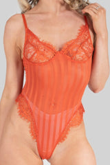 Lace Frill Striped Thong Back Bodysuit in Rust front