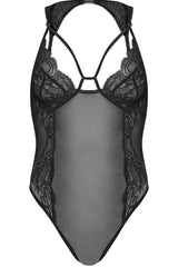 Strappy Lace Harness Detail Mesh Bodysuit in Black