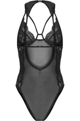 Strappy Lace Harness Detail Mesh Bodysuit in Black