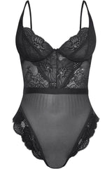 Lace Trim & Mesh Bodysuit in Black detail