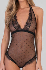 Spot Mesh Lace Trim Plunge Bodysuit in Black front