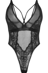 Strappy Plunge Detail High Leg Lace Bodysuit in Black detail