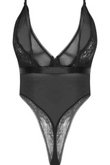 Strappy Plunge Detail High Leg Lace Bodysuit in Black detail 2