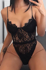 Lace Detail High Leg Bodysuit in Black front