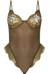 Lace Frill Mesh Bodysuit in Khaki front 2