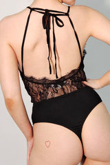 Choker Detail Extreme Plunge Lace Bodysuit in Black Back