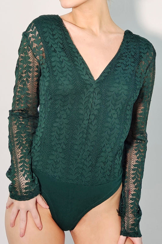 Lace V-Neck Long Sleeve Bodysuit in Green