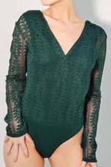 Lace V-Neck Long Sleeve Bodysuit in Green front