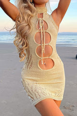 High Neck Cutout Bodycon Mini Dress in Cream