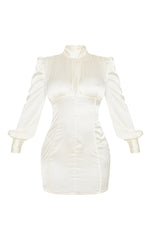 High Neck Button Detail Satin Bodycon Dress in Champagne