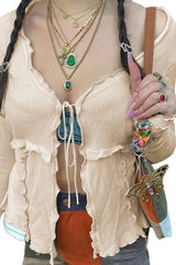 Tie Detail Open Frill Top in Cream