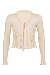 Tie Detail Open Frill Top in Cream