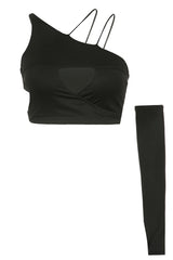 One Sleeve Strappy Cutout Detail Crop Top in Black