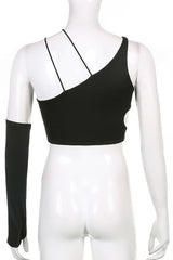One Sleeve Strappy Cutout Detail Crop Top in Black