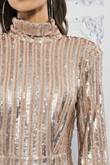 Long Sleeve High Neck Backless Sequin Mini Dress in Rose detail