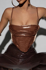 PU Leather Square Neck Corset Top in Mocha