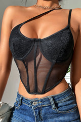 Asymmetric Strappy Sheer Corset Top in Black Front