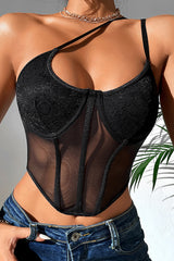 Asymmetric Strappy Sheer Corset Top in Black Front3