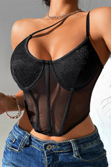 Asymmetric Strappy Sheer Corset Top in Black Front2