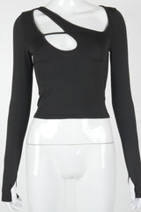 Long Sleeve Asymmetric Cutout Crop Top in Black