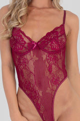 Floral Lace Extreme High Leg Thong Bodysuit in Plum front 2