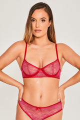 Lace & Contrast Trim Bra & Knicker Set in Hot Pink front