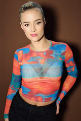 Long Sleeve High Neck Mesh Crop Top in Multi-Colour