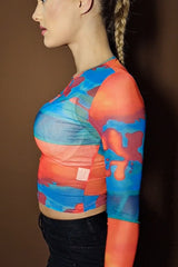 Long Sleeve High Neck Mesh Crop Top in Multi-Colour