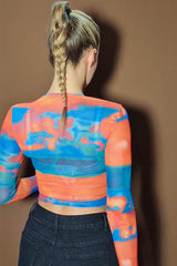 Long Sleeve High Neck Mesh Crop Top in Multi-Colour