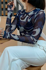 Long Sleeve High Neck Mesh Crop Top in Blue