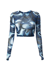 Long Sleeve High Neck Mesh Crop Top in Blue