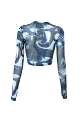 Long Sleeve High Neck Mesh Crop Top in Blue