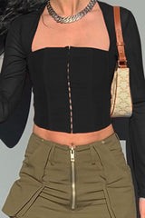 Long Sheer Sleeve Hook & Eye Crop Top in Black