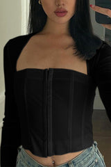 Long Sheer Sleeve Hook & Eye Crop Top in Black