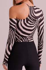Asymmetric Cold Shoulder Long Sleeve Crop Top in Zebra Print Back
