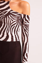 Asymmetric Cold Shoulder Long Sleeve Crop Top in Zebra Print Side