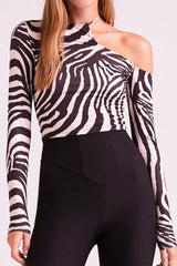 Asymmetric Cold Shoulder Long Sleeve Crop Top in Zebra Print Full