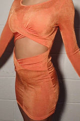 Asymmetric Knot Detail Long Sleeve Mini Dress in Orange Detailed2