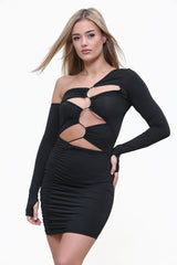 Asymmetric Shape Long Sleeve Cutout Ruched Bodycon Dress in Black Side
