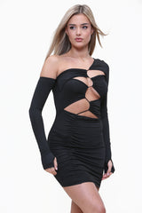 Asymmetric Shape Long Sleeve Cutout Ruched Bodycon Dress in Black Side2