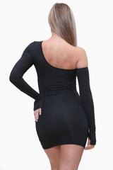 Asymmetric Shape Long Sleeve Cutout Ruched Bodycon Dress in Black Back