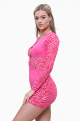 Cutout Mesh Long Sleeve Bodycon Mini Dress in Pink side