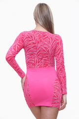 Cutout Mesh Long Sleeve Bodycon Mini Dress in Pinkb back