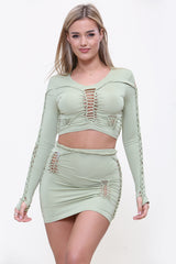 Cutout Slinky Long Sleeve Crop Top & Skirt Co-Ord Set in Sage