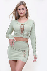 Cutout Slinky Long Sleeve Crop Top & Skirt Co-Ord Set in Sage front