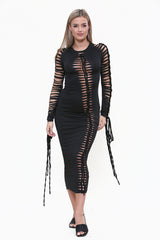Extreme Cutout Long Sleeve Bodycon Midi Dress in Black