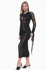 Extreme Cutout Long Sleeve Bodycon Midi Dress in Black