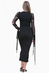 Extreme Cutout Long Sleeve Bodycon Midi Dress in Black