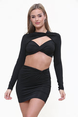 Ruched Knot Detail Crop Top & Skirt Co-Ord Set in Black