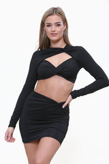 Ruched Knot Detail Crop Top & Skirt Co-Ord Set in Black